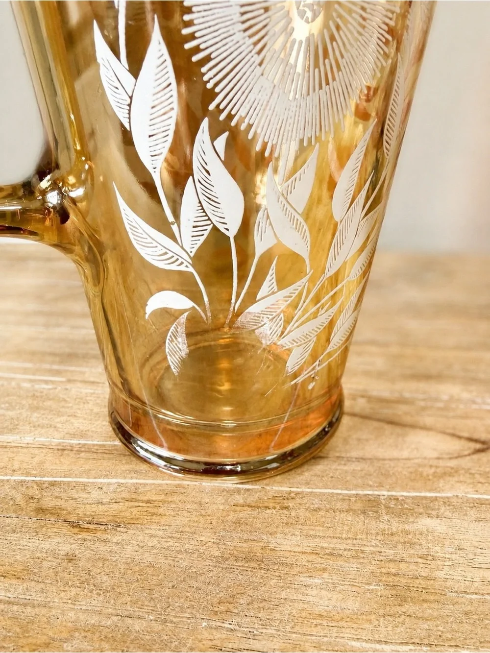 Vintage Jeannette Cosmos Marigold Carnival Glass Floral Pitcher 9 Inch